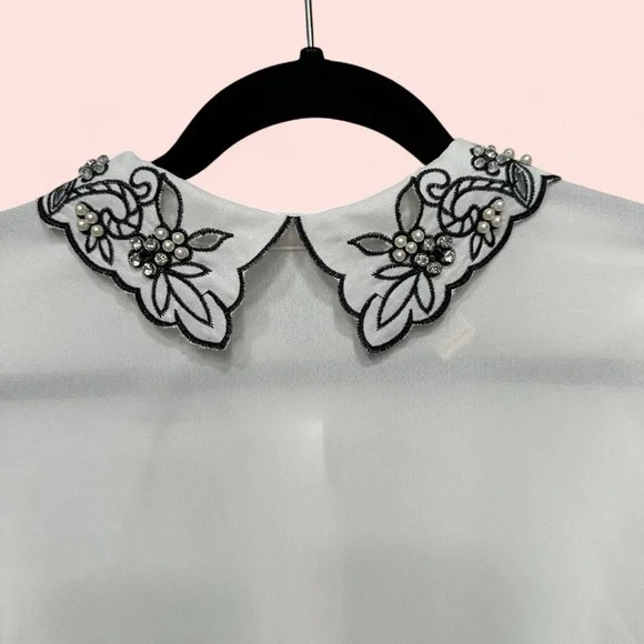 Forever 21 Sheer White Blouse with Black Floral Collar - Picture 3 of 8